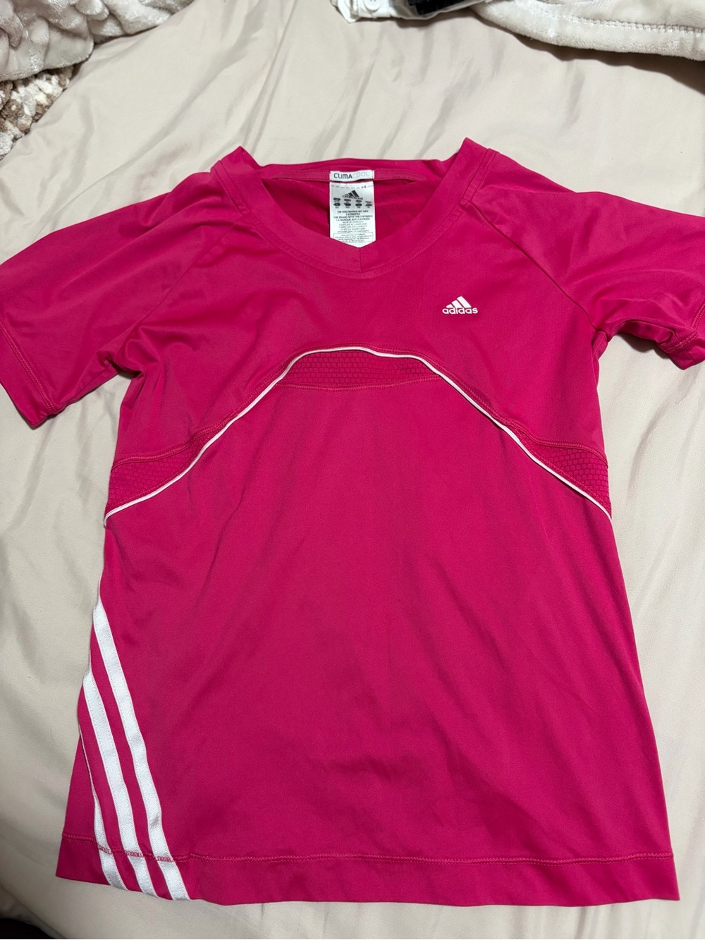 adidas Girls' Hot Pink Short Sleeve Athletic Tee with White Stripes